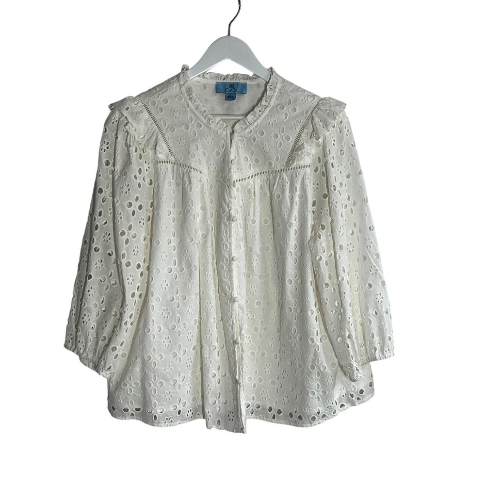 Cece White Eyelet Lace Button Down Blouse Ruffle Trim Scalloped Top Size 2X - Picture 2 of 10